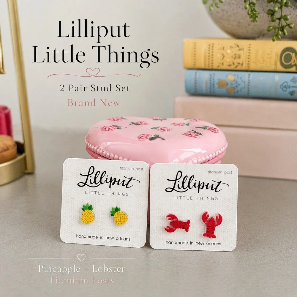 Lilliput Little Things Stud Earrings Set Pineapple Lobster Handmade NOLA